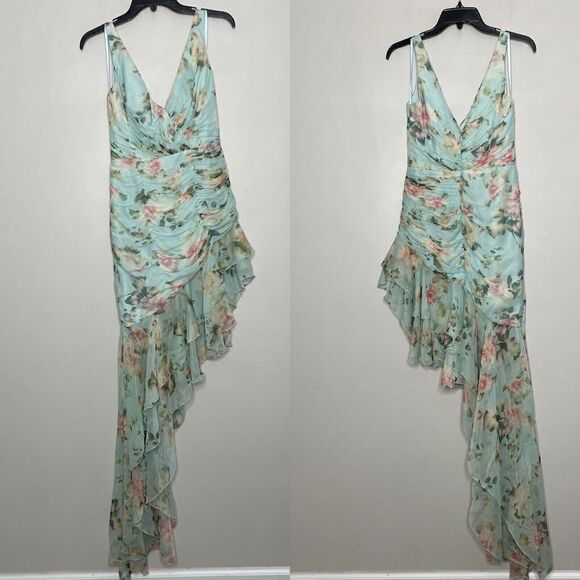 MAC DUGGAL Dress Womens 2 Floral Ruffle Hem Chiffon Ruched Sleeveless Sheath - Picture 2 of 15